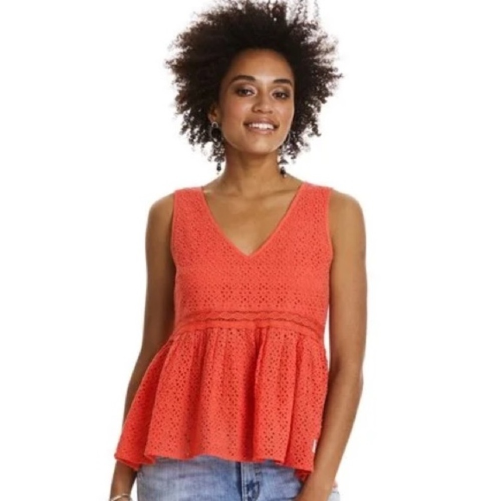 Odd Molly Coral Eyelet V-Neck Sleeveless Top